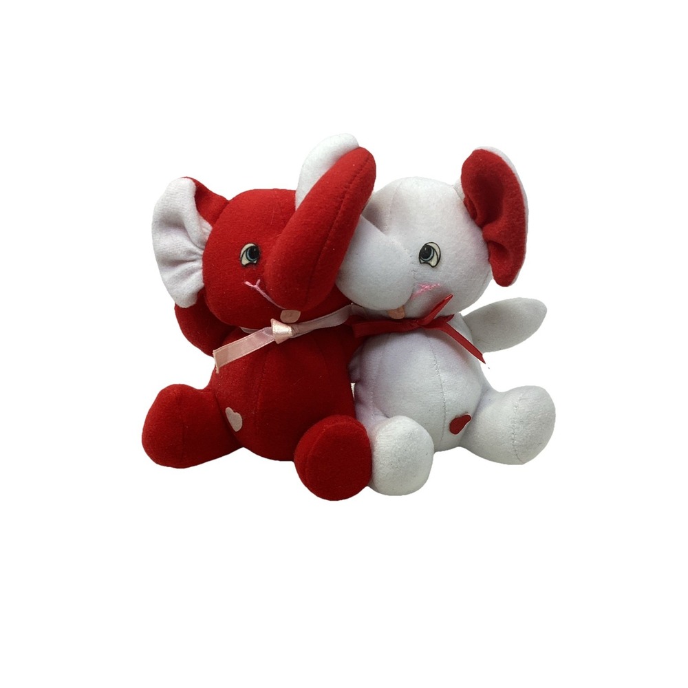Sweet Vtg Russ Valentine Trunk Hugging Elephants Plush Pair Red White 6"